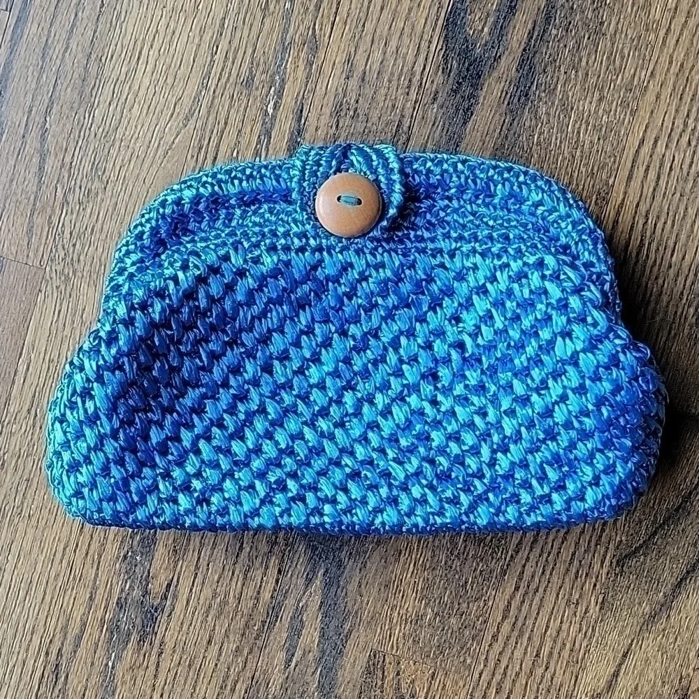 Raffia Blue Handmade Croshet Knitted Evening Pouch Clutch Bag Made in Japan